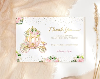 Princess Birthday Thank You Card Printable Girl Baby Shower Fairytale Carriage Notecards Pink Floral Gold Decor Editable Download P137