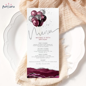 Modello di menu marrone, menu per cene di compleanno stampabili, decorazioni per eventi di pensionamento maschile, palloncini color argento bordeaux, modificabile P792