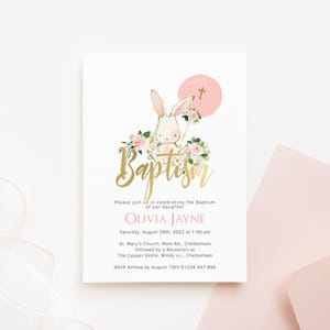 Rosa Taufe Häschen einladen Vorlage, Floral 1. Geburtstag Häschen-Party Einladung zum ausdrucken, Mädchen Ballon Karte, editierbarer Download P376