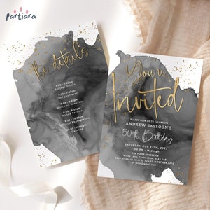 End of Year Invitation, You&#39;re Invited Office Party Invite with Program Details Card Printable, Black Gold Birthday Dinner, Editable P268