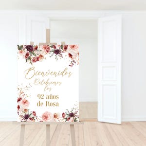 Cartel de cumpleaños de otoño, decoración de fiesta de bienvenida en español, imprimible, para damas, 50, 60, 70 y 80 años, floral en rojo ruborizado, editable, descarga P173