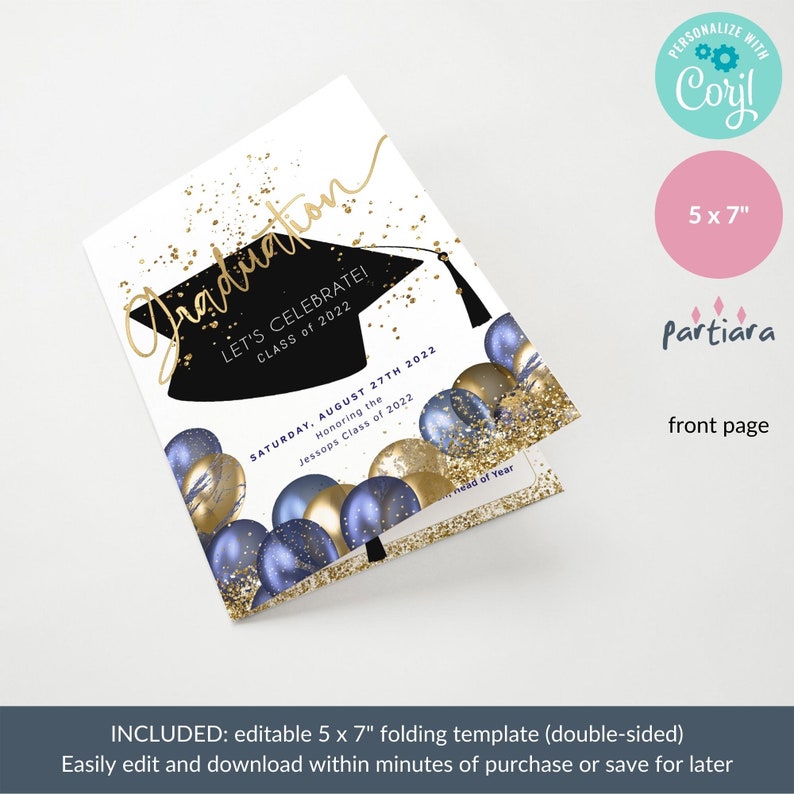 Graduation Program Self Editable navy Blue Gold College High School or University Grad Programs Printable Bi-Fold Booklet Template P631 image 3