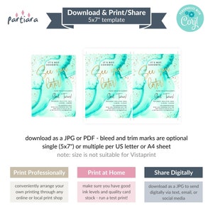 May include: Printable 5x7 inch invitation template with a teal and gold watercolor background. The text reads "It's not goodbye... See you later!" and "Good Times!" with a date and time for a party. The template is available as a JPG or PDF.