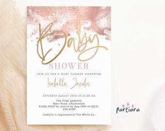 Rose Gold Baby Invitation Editable Girl Baby Shower Invite Template, DIY Printable Glitter Blush Pink Couples Invites Instant Download P749