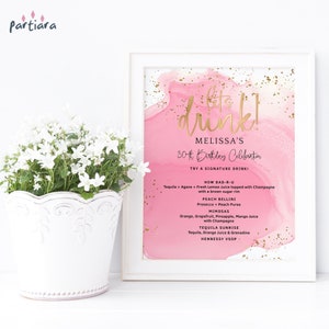 Dames verjaardag bar menu tafel bord afdrukbare handtekening drankjes menu's snoep Bubblegum roze en goud bewerkbare digitale downloadsjabloon P722