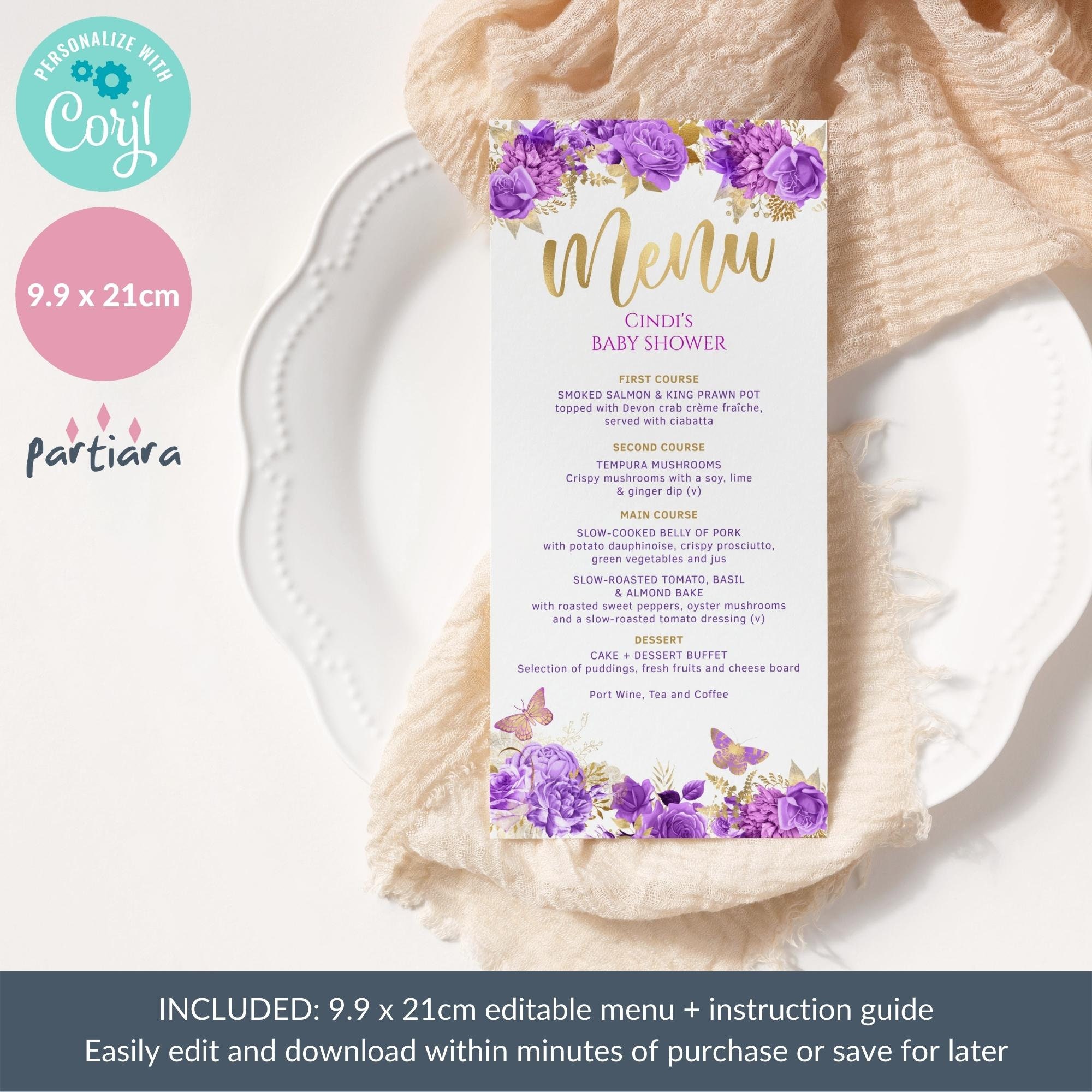 Purple Floral Butterfly Menu Printable Girl Baby Shower Party - Etsy