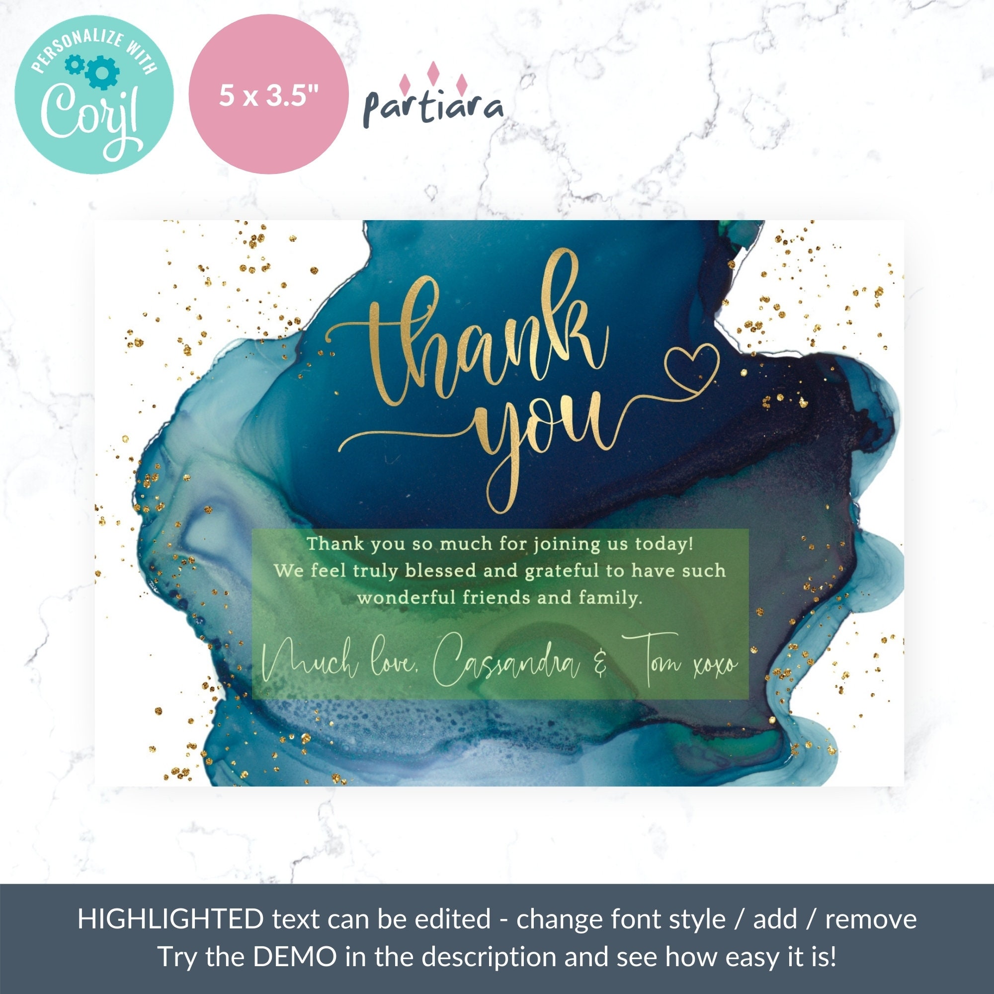 Teal Gold Thank You Card Printable DIY Editable Template - Etsy