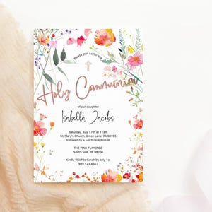 Floral Communion Invitation, Wildflower First Holy Communion Invite Template, Girls Pink Orange Decor, Editable Digital Download P890