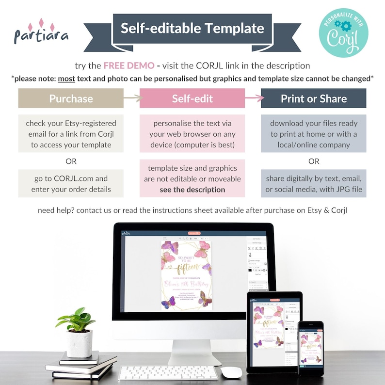 May include: A digital template for a 15th birthday invitation with a pink and purple butterfly design. The text on the invitation reads "Sweet Fifteen".