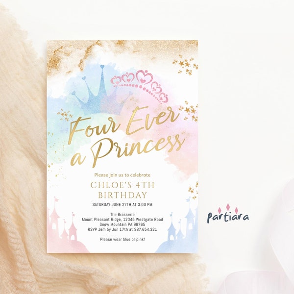 Princesse inviter 4e anniversaire quatre jamais une princesse fête de conte de fées invitation imprimable bleu pastel rose château calèche décor modifiable P137