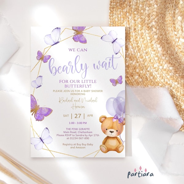 Teddy Butterfly Invite Girl Baby Shower We Can Bearly Wait Lilac Balloons Invitation Printable Editable Digital Download Template P777