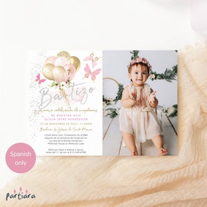Pink Spanish Baptism Invitation for Girls, Editable Photo Baptism Card Template, Blush Gold Butterfly Balloons Decor, Editable Template P344