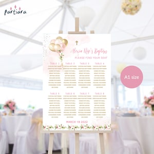 Eerste verjaardag zitplaatsen grafiek, meisjes babyshower zitplaatsen bord afdrukbare, doopfeest tafelplan, pastel roze gouden ballonnen bewerkbare P344
