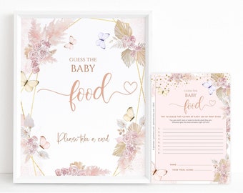 Boho Food Tasting Game Girls Baby Shower Party Table Template and Notecard Set Printable, Pink Floral Butterfly Poster, Editable P171