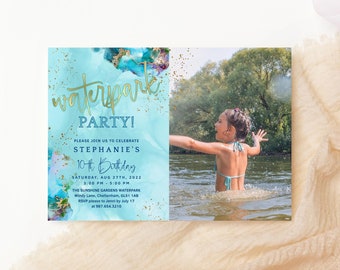 Verjaardagsuitnodiging waterpark, waterparkfeest nodigt afdrukbare, bewerkbare Aqua foto uitnodiging sjabloon jongen of meisje, bewerkbare download P243