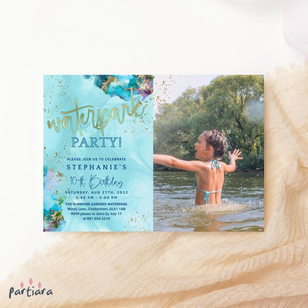 Editable Waterpark Party Invite Birthday Swimming Invitation Printable Boy Girl Photo Card Digital Download Teal Blue Gold Template P243