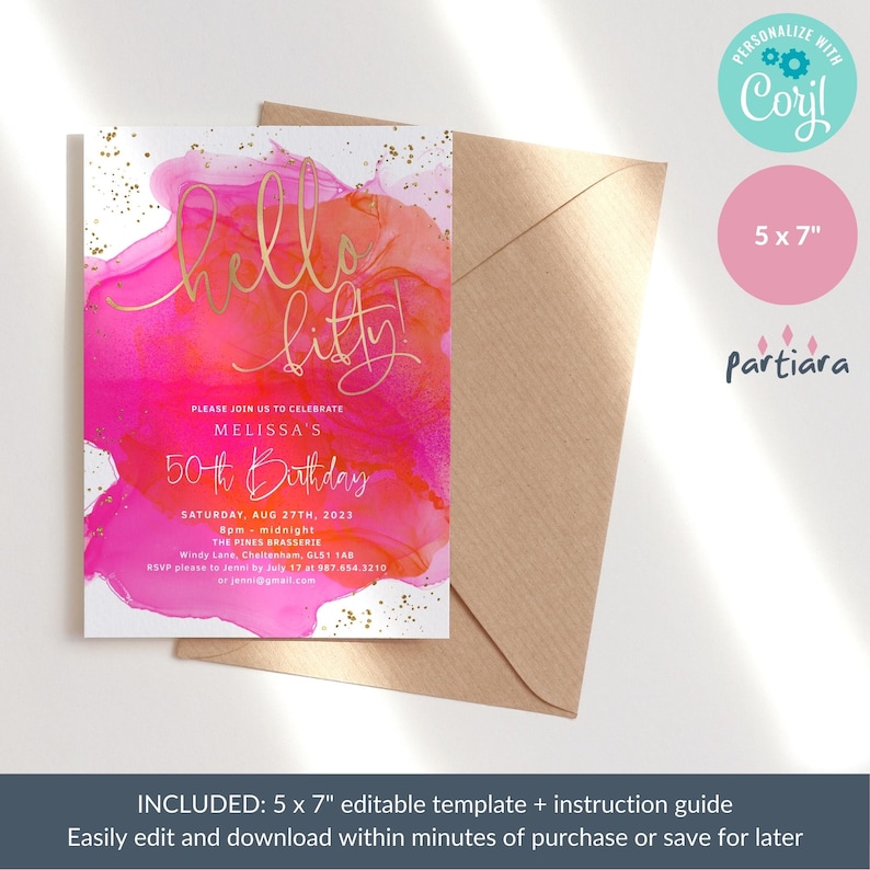 Tropical 50th Invitation Hello Fifty Hot Pink Orange Invite Printable Ladies Dinner Dance Party Invites Editable Digital Download P200 image 7