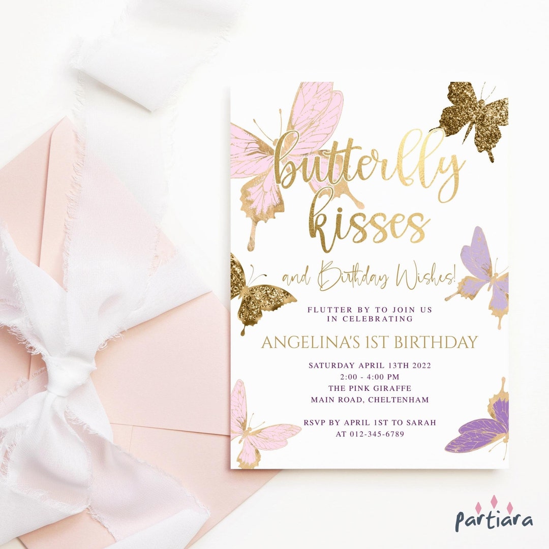 Butterfly Kisses Birthday Wishes Invitation Girls 1st picture