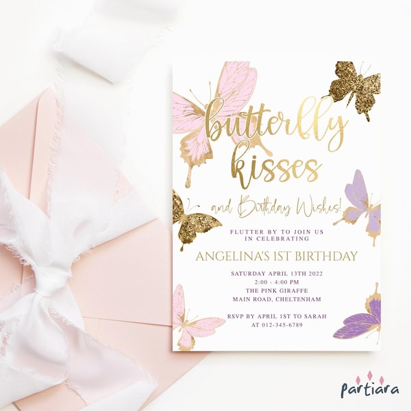 Butterfly Kisses Birthday Wishes Invitation Girl's 1st 2nd 3rd 4th Party Invite Editable Digital Download Template Pink Lilac Gold P6 P345