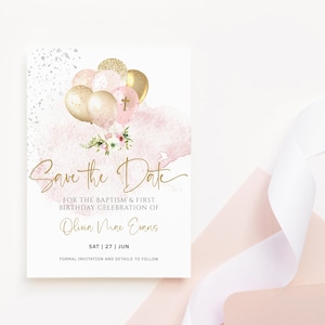 Sparen Sie die Datum Taufe Karte druckbare Mädchen 1. Geburtstag und Taufe Party Ankündigung bearbeitbare Vorlage Blush Pink Gold Floral P10 P344