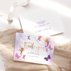 Modello di biglietto di ringraziamento per compleanno fatato, biglietti di auguri per baby shower a forma di farfalla stampabili, festa incantata rosa e viola, download modificabile P676