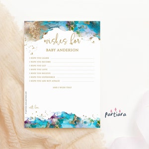 Juego de cartas "Deseos en verde azulado para bebé", para niña, fiesta de baby shower en la playa, deseos y consejos, plantilla imprimible, editable y descarga digital P243
