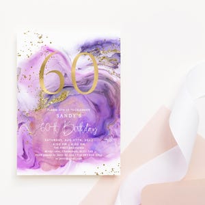 60th Birthday Invitation Digital Download for Ladies, Editable Dinner Party Invite Template, Pink Purple Decor Printable P242