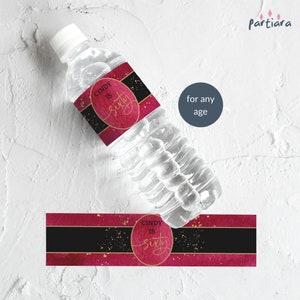 Red Water Bottle Labels, Birthday Party Personalised Label Printable, Ruby Red Black and Gold Decor for Ladies, Editable Download P362