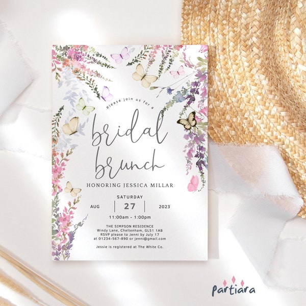 Bridal Brunch Invite Butterfly Wildflowers Invitation Pastel Pink Floral Party Decor Printable Editable Digital Download Template P256