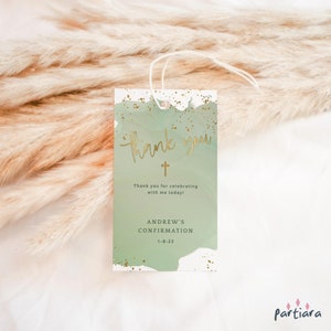 Konfirmationsfeier Anhänger, Dankeschön druckbare Geschenkanhänger, Erstkommunion Etiketten, Jungen Taufe Anhänger, Salbei Grün Gold Dekor, bearbeitbar P629