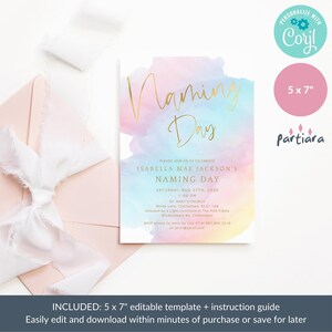 May include: A watercolor-style invitation for a naming day celebration. The invitation features a pink, blue, and yellow watercolor background with gold lettering that reads "Naming Day". The text includes the name "Isabella Mae Jackson", the date "Saturday, Aug 27th, 2022", the time "1:00 PM", the location "St. Mary's Church", and the RSVP information. The invitation is 5 x 7 inches.