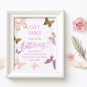 Tableau de cadeaux modifiable pour bébé papillon, cadeaux de fête de naissance et cartes pour filles, affiche imprimable pour 1er anniversaire de fête, cadeaux de remerciement P345