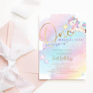 Editable Girl First Birthday Invite One Magical Year Rainbow Unicorn Tea Party Invitation Printable Pastel Ombre Sky Digital Download P179