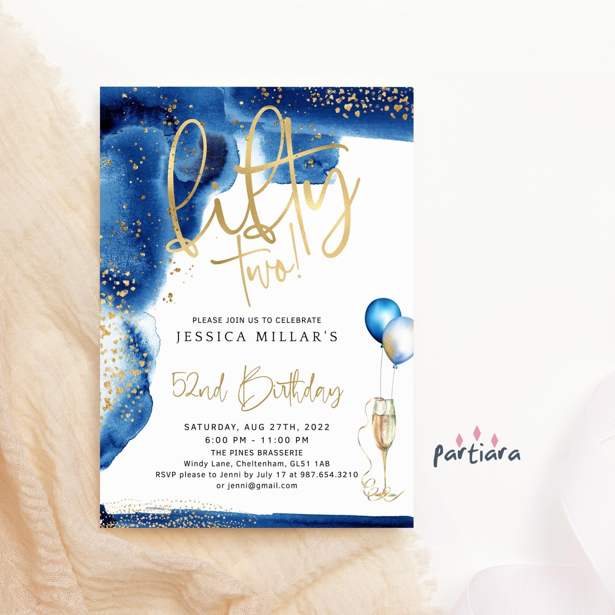 Blue Gold Birthday Invitation Editable Template Men or Ladies Etsy