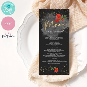 Editable Roses Menu Card Black Red Gold Birthday Dinner Party Table ...