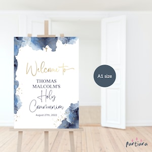 First Communion Sign, Boys Holy Communion Welcome Poster Printable, Baby Boy Baptism Navy Blue White Gold Decor, Editable Download P239