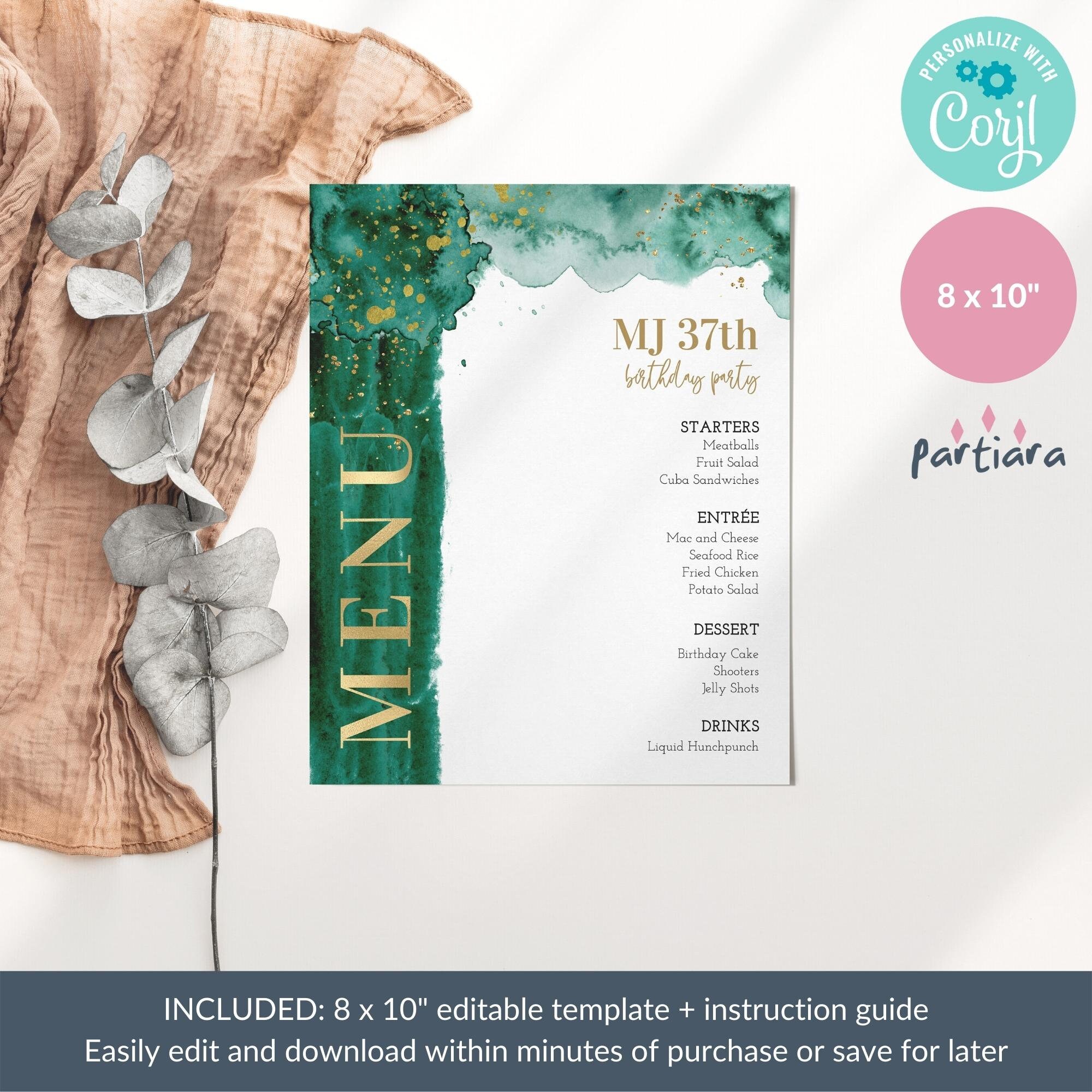 Emerald Dinner Menu Sign Template, Birthday Buffet Table Poster ...