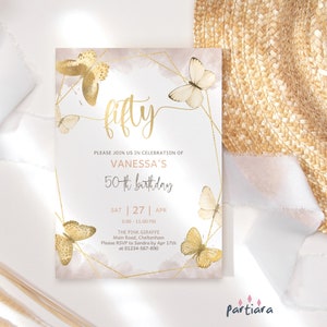 Dames 50e verjaardagsuitnodiging beige goud partij digitale download, elegante verrassingsdiner uitnodigen vlinder afdrukbare bewerkbare sjabloon P167