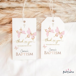 Plantilla de etiqueta de agradecimiento de bautismo rosa con forma de mariposa para niñas, etiquetas de regalo para el primer cumpleaños, etiquetas imprimibles, etiquetas digitales editables para descargar P293
