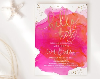 Hello Thirty Invite 30° compleanno Inviti per festa brunch tropicale per donne Stampabile Rosa acceso Arancione Modificabile Download digitale P200