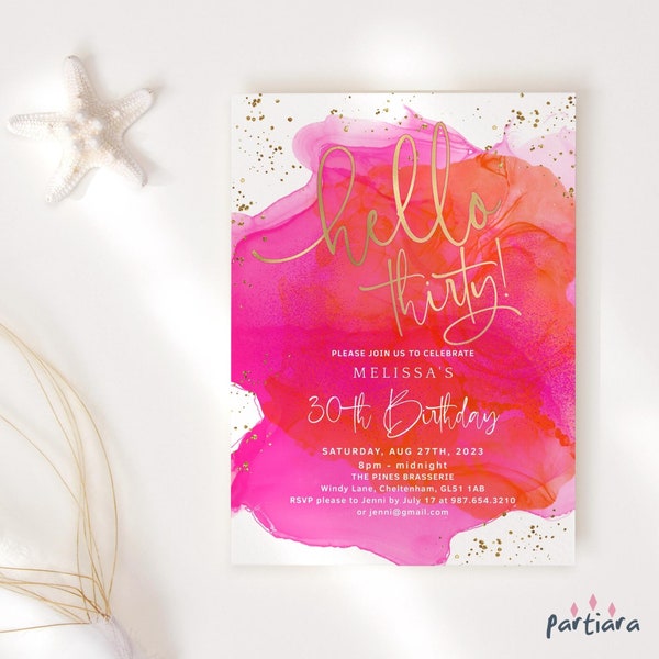 Hello Thirty Invite 30th Birthday Invitations Ladies Tropical Brunch Party Invites Printable Hot Pink Orange Editable Digital Download P200