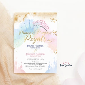 Invitation de conte de fées garçon fille, modèle d'invitation de fête conjointe prince et princesse, bleu pastel rose diadème couronne château Decor imprimable P137