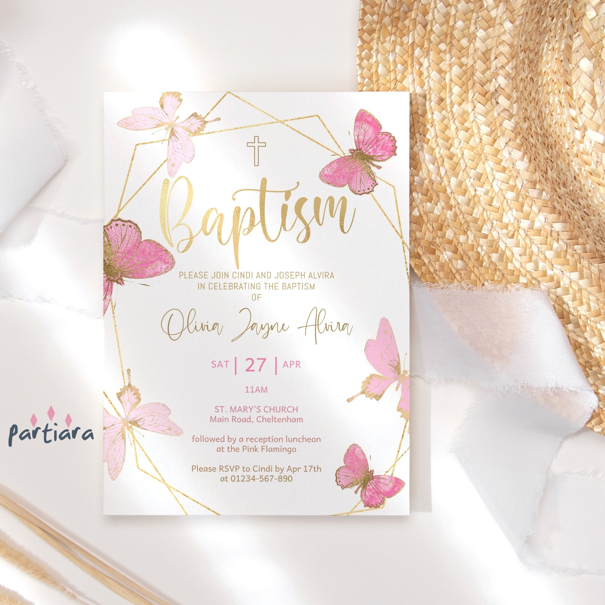 Baptism Invitation Girl Editable Butterflies Template DIY Etsy