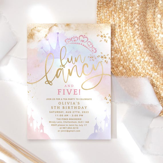 Princess Invite 5th Birthday Fairytale Castles and Tiaras Invitation Fun Fancy Five Girls Pink Lilac Gold Printable Editable Download P137
