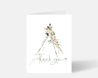 Bohemian Teepee 1st Birthday Thank You Card Printable Bridal Shower Blush Pink Floral Party Notecard Editable Digital Download Template P41