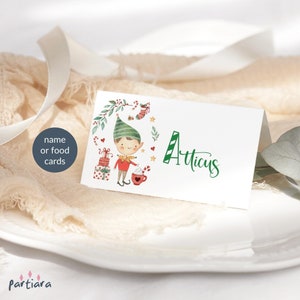 Cartões de comida com tema de elfo, cartões de lugar para festa de Natal, configuração de mesa, etiquetas de comida para buffet infantil ou adulto, imprimíveis e editáveis, download P191