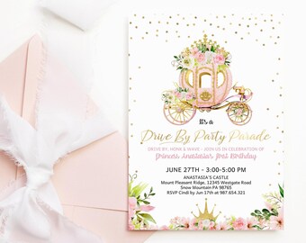 Princess Drive By Party Parade Invitation Printable Girl's Fairytale Floral Birthday Party Invite Editable Digital Download Template P137