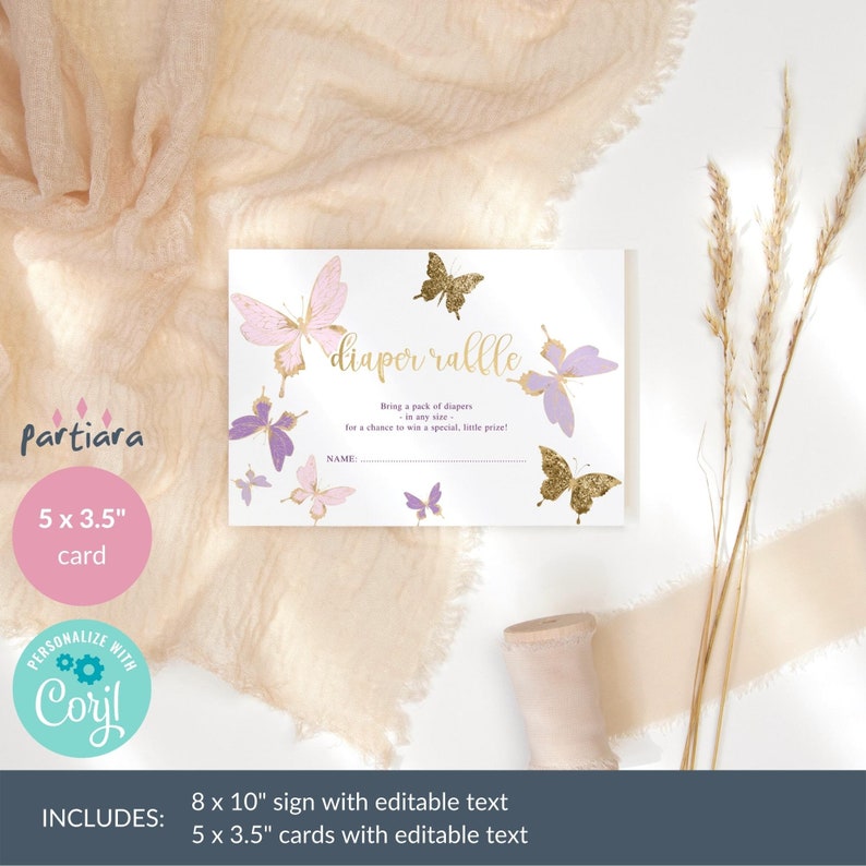 Butterfly Baby Shower Diaper Raffle Sign and Tickets Printable Girl Party Game Card Editable Digital Download Pink Lilac Decor P345 image 6