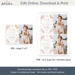 May include: A printable digital invitation for a baby's christening. The invitation features a pink and gold butterfly design with a geometric frame. The text on the invitation reads "Butterfly Kisses - Christening Wishes Olivia's Christening".