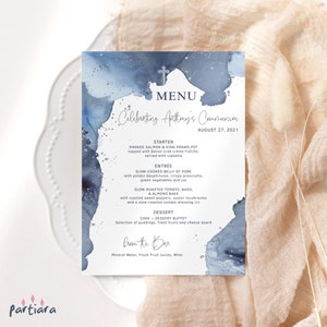 Menú de comunión para niños imprimible, decoración de bautizo de primera comunión en azul marino y plateado, plantilla de descarga digital editable P263